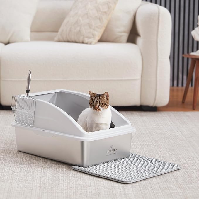 AIPERRO Stainless Steel Litter Box | XL Enclosed Cat Litter Boxes with Lid | High Sided Meat Litter Box for Big Cats | Anti-Urine Leakage | Non-Stick & Easy to Clean | Includes Litter Mat & Metal Scoop