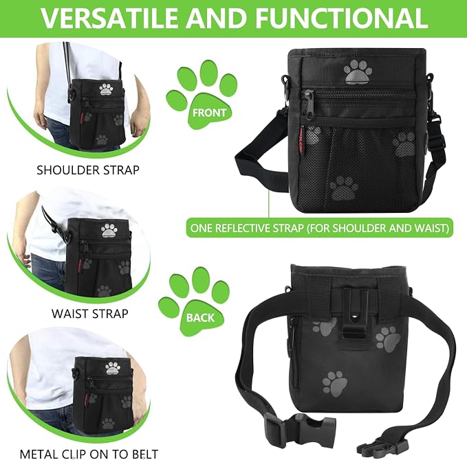 kissleaf Dog Treat Pouch, Magnetic Closure, Dog Clicker- Black Pattern