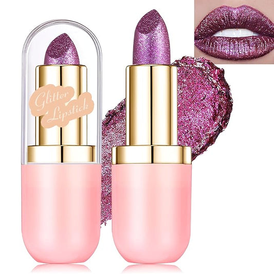 Glitter Lipstick Makeup, Rose Purple Holographic Metallic Lip Stick Long Lasting Lightweight Non-Sticky Hydrating Lip Tinted Full Coverage High-Shine Sparkling Chameleon Lipstick for Women