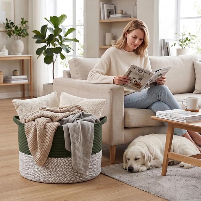90L Extra Large Blanket Basket,Woven Laundry Basket-Green&White | Collapsible, reinforced handles, nursery storage bin organizes clothes, toys and pillows for living room, bedroom bathroom