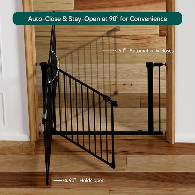 Babelio 36-56" Extra Wide Baby Gate for Stairs No Drilling, PressGuard II | Pressure/Wall Mount, Dual Lock with Indicator, Auto Close, Heavy Duty, Easy Install for Doorways, Kitchens, Hallway, Black