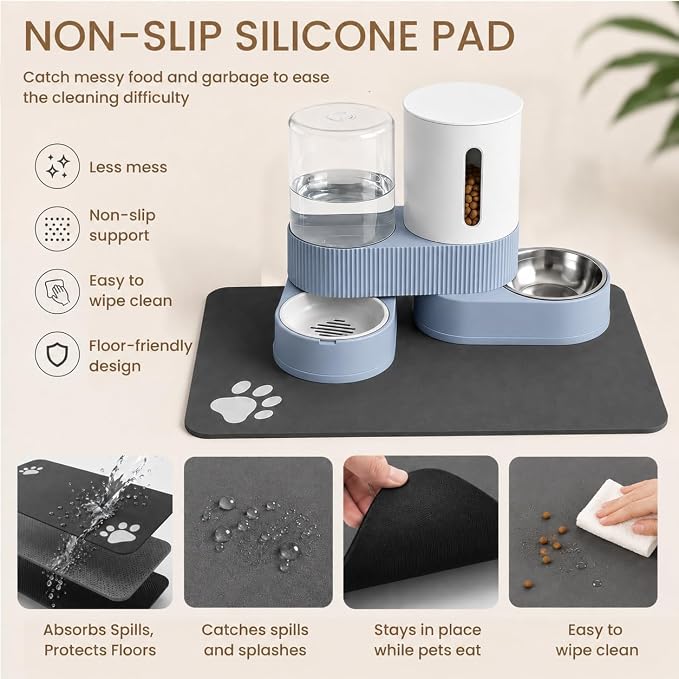 Gravity Cat Feeder 2 Pack Automatic Food Feeder Stainless Steel Water Dispenser Set 360 Degree Rotatable Pet Bowls with Silicone Mat for Cats Small Medium Dogs, Large Capacity(Blue)