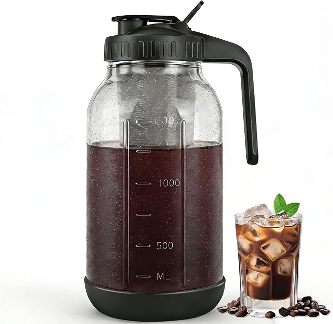 Cold Brew Coffee Maker, 64oz Mason Jar Pitcher with Stainless Steel Filter, Sealed, Leak-Proof Lid with Pour Spout & Handle, Heavy Duty Glass Iced Coffee Tea Brewer with Non-Slip Silicone Base-Black