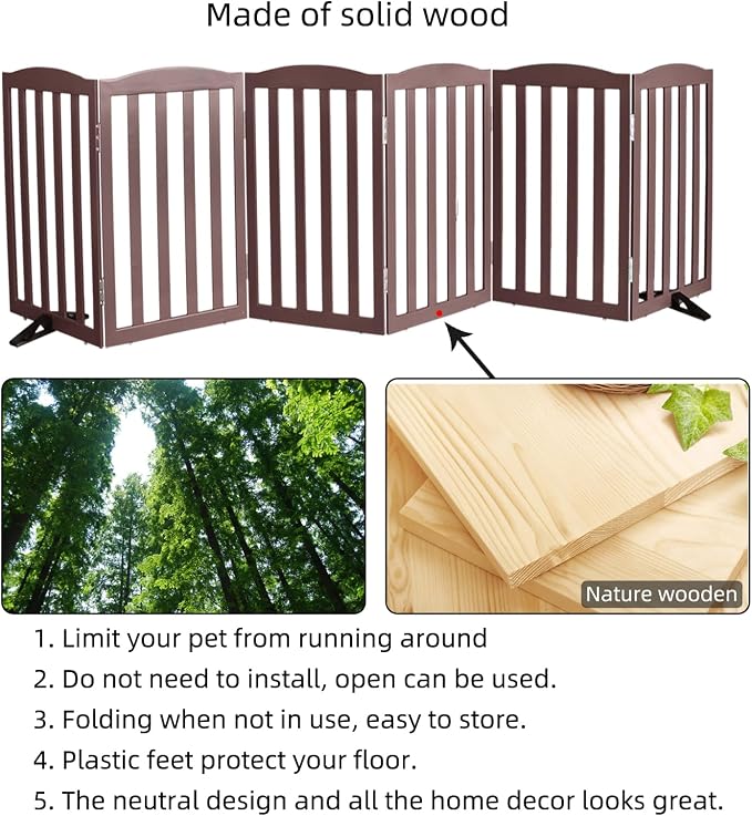 ZJSF Foldable Freestanding Indoor Dog Gate for House Wood Long Pet Gates Dog Fence for Stairs Puppy Gates for Hallways, Puppy Gate,Support Feet Included, Brown, 32 "Height-6 Panels