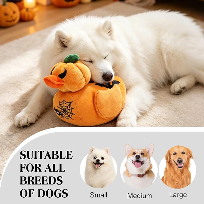 EXPAWLORER Halloween Squeaky Dog Toy - Funny Pumpkin Duck Plush Puppy Chew Toy with Crinkle Paper & Squeaker, Durable Interactive Stuffed Duck for Small Medium Large Dogs, Gift for Teething Holiday