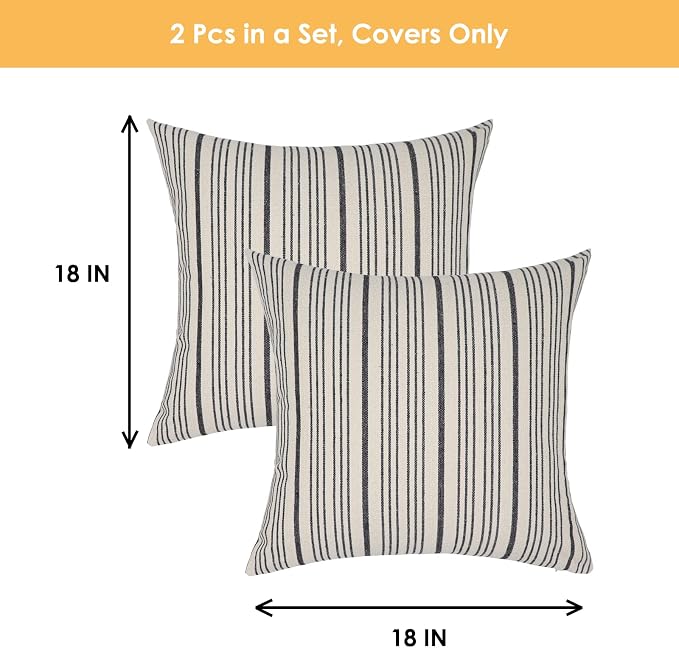 Black Outdoor Striped Pack of 2 Couch Throw Pillow Covers 18x18 | Farmhouse Decorative 18 Square Throw Pillows for Couch Sofa Bed Black and Cream