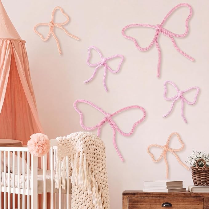 Barydat 6 Pcs Pink Bow Wall Decor Coquette Bow Nursery Decoration Room Decor Woven Macrame Wall Hanging 2 Size Boho Pink Preppy Decoration for Nursery Dorm Girls Room Art