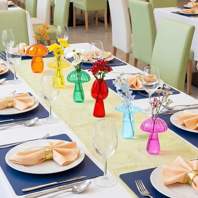 13 Pcs Glass Mushroom Vase Propagation Station with Hydroponic Plant and Artificial Fake Moss 6 Colored Plant Vase Table Centerpiece Decor for Forest Birthday Wedding Party Decoration (Bright Color)