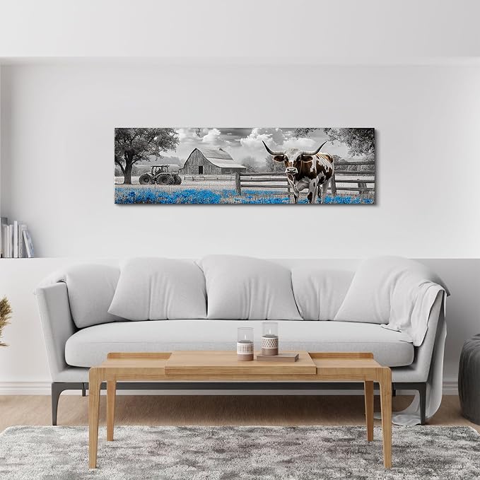 Highland Cow Wall Art Country Barn Truck Pictures for Living Room Western Wall Decor Meadow Scenery Canvas Painting Black and White Poster Prints Artwork Farmhouse Kitchen Decorations 14x48"