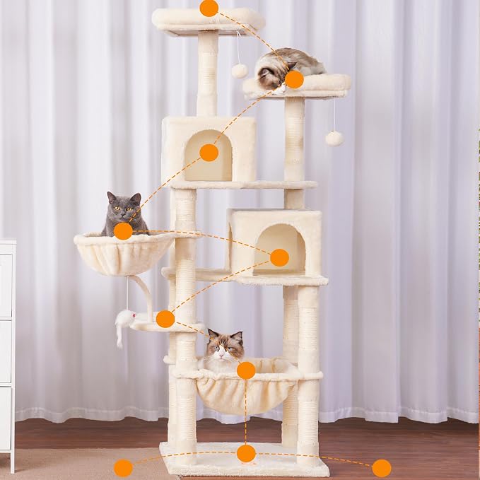 Heybly Cat Tree, 70 inches Tall Cat Tower for Indoor Large Cats HCT032M | Big Cat Condo with Toy , Cat House Furniture with Padded Plush Perch, Cozy Hammock and Sisal Scratching Posts, Beige
