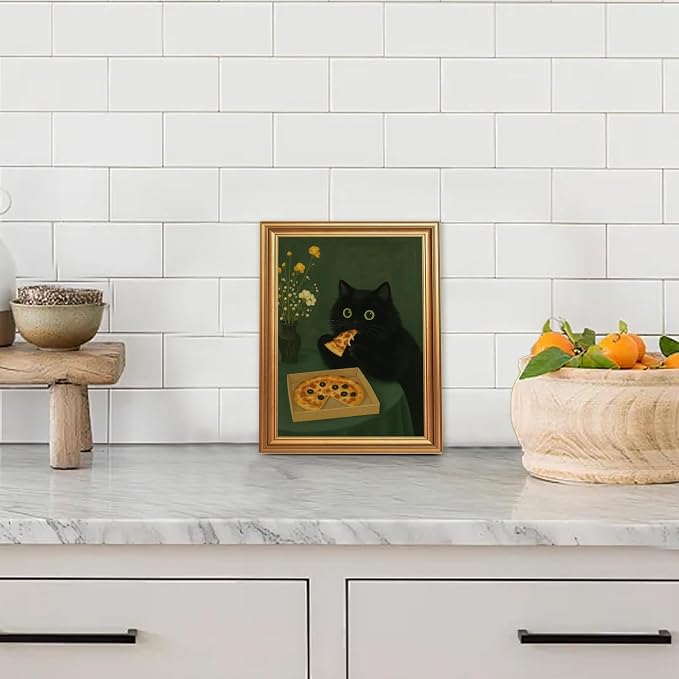 ICHZUMW Gold Framed Funny Black Cat Eating Pizza Canvas Wall Art, 8x10 In | Quirky Cat Print Humorous Animal Kitchen Wall Decor, Dining Room Bedroom Living Room, Fade Resistant, Ready to Hang