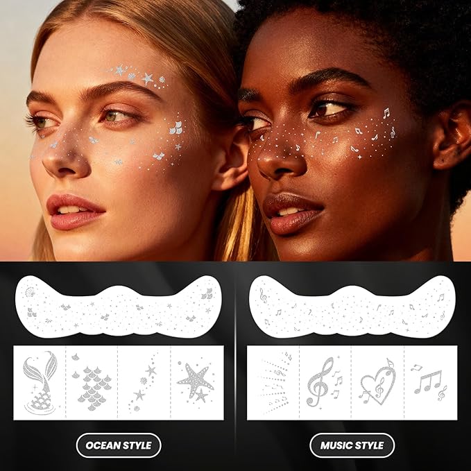 30PCS Glitter Freckles Face Tattoos & Face Gems Set, Multi-Style Silver Glitter Temporary Tattoos Makeup Patches, Fake Freckles Face Glitter for Women’s Rave Outfits & Accessories
