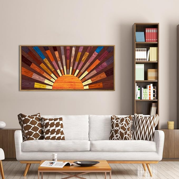 IARTTOP Extra Large Wood Sun Framed Wall Art 20x40 Inch Boho Sunrise 3D Geometric Wall Decor Mid century Sunshine Painting for Living room Bedroom Dining room Single