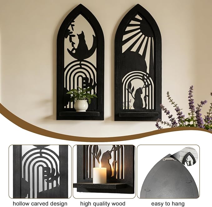 ZEXUIRU 2 Set Rustic Candle Sconces Living Room Bedroom Entryway Wood Mirrored, Farmhouse, Carved Frame Wall-Mount Wooden Candle Holders Wall Decor Hanging Handmade Holder - Black