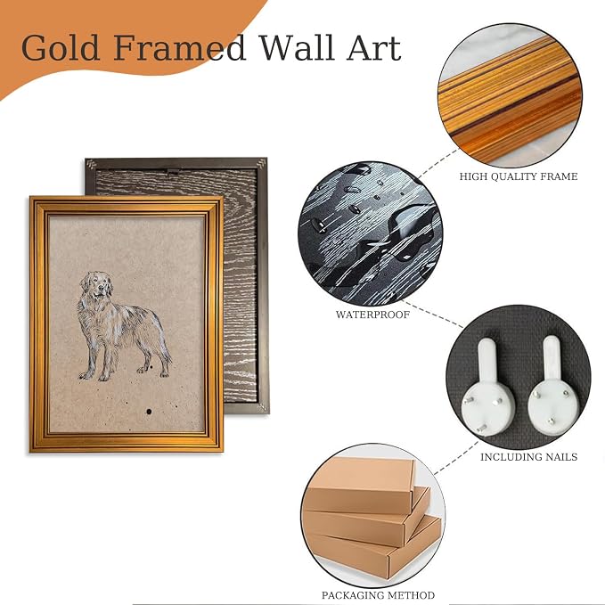 ZLPLLHA Gold Framed Wall Art Vintage Wall Decor Golden Retriever Canvas Art Dog Pet Pictures Portrait Paintings Sketch Artwork Antique Animal Prints For Bedroom Living Room