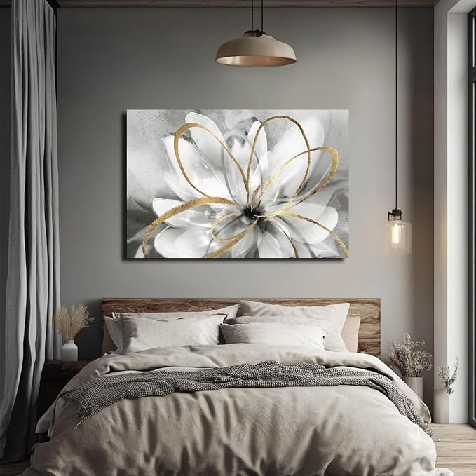 SOUGUAN White Floral Wall Decor Grey Background Modern Painting Wall Art 24"x36" Neutral Artwork Paintings for Bedroom Kitchen Pictures