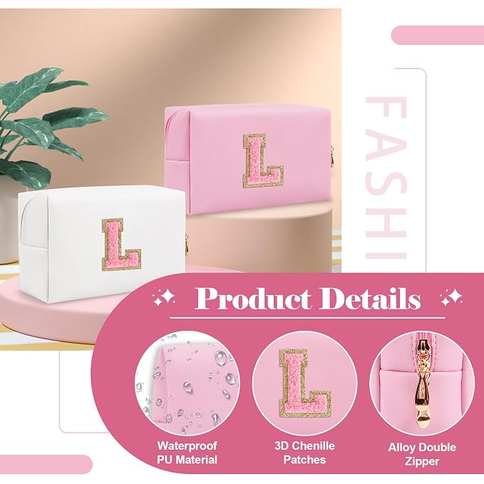 Personalized Initial A-Z Preppy Patch Makeup Bag,Small PU Leather Chenille Letter Cosmetic Bag with Zipper for Teen Girls,Pink Cute Travel Toiletry Bag,Birthday Monogrammed Gift for Daughter,Letter L