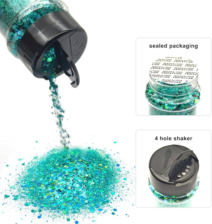 Green Blue Mermaid - Craft Glitter - 2oz Glitter Shaker Bright Colorful Holographic Mix Chunky Body Glitter Bulk Wholesale 24 Colors in Shaker Cosmetic Glitter - EBLB702