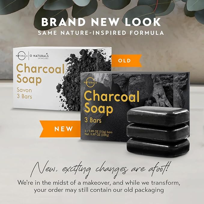 O NATURALS 100% Natural Bar Soap - Gift Set - Organic Ingredients & Essential Oils - Spa Gifts for Women & Men, Body Wash & Face Soap - 3PC Charcoal Soap