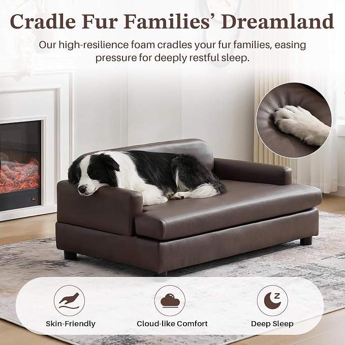 Luxury Dog Sofa Bed Elevated Pet Couch with Durable Waterproof Leather | Dog Couch with Orthopedic Sponge, Modern Furniture Style Dog Lounge & Pet Bedside Step, for Medium/Large Dogs, Brown