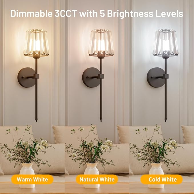 Crystal Battery Operated Wall Sconces Set of 2, Black Rechargeable Wireless Wall Sconce Lights with Crystal Lampshade, 12 RGB and 3CCT Dimmable Wall Lamps with Remote for Bedroom Living Room Hallway