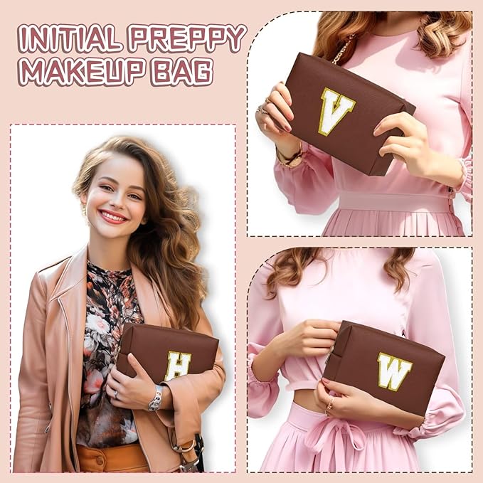 TOPEAST Preppy Stuff for Girls, Initial Makeup Bag Chenille Letter Pouch Cosmetic Bag with Zipper, PU Leather Waterproof Toiletry Bag, Cute Stuff Birthday Gift for Friends Sister (Brown T)