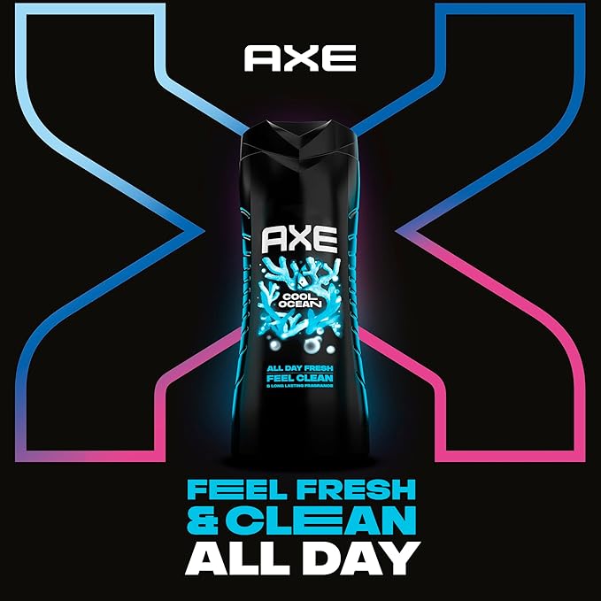 AXE Cool Ocean Men's Body Wash With Essential Oils 12H Refreshing Scent Body Wash For Men,Clean and Fresh Scent 16 oz,(Pack of 4)