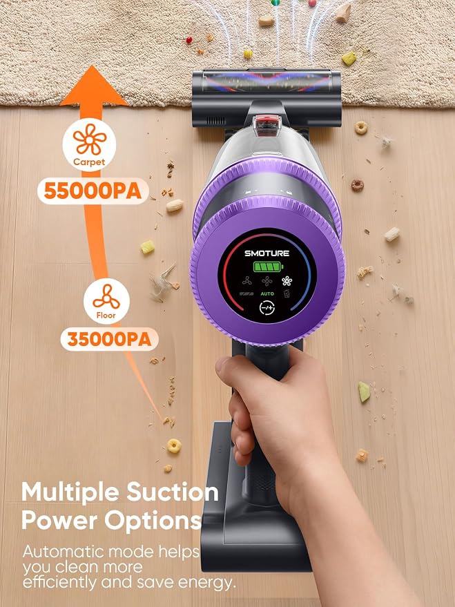 SMOTURE Cordless Vacuum Cleaner, Upgraded 650W 55KPA 70Mins Vacuum Cleaner for Home, Pet Brush&3.3Ft Hose, Self-Stand, Auto Mode,Touchscreen, Anti-tangle Vacuum, Stick Vacuum for Pet Hair/Carpet/Floor