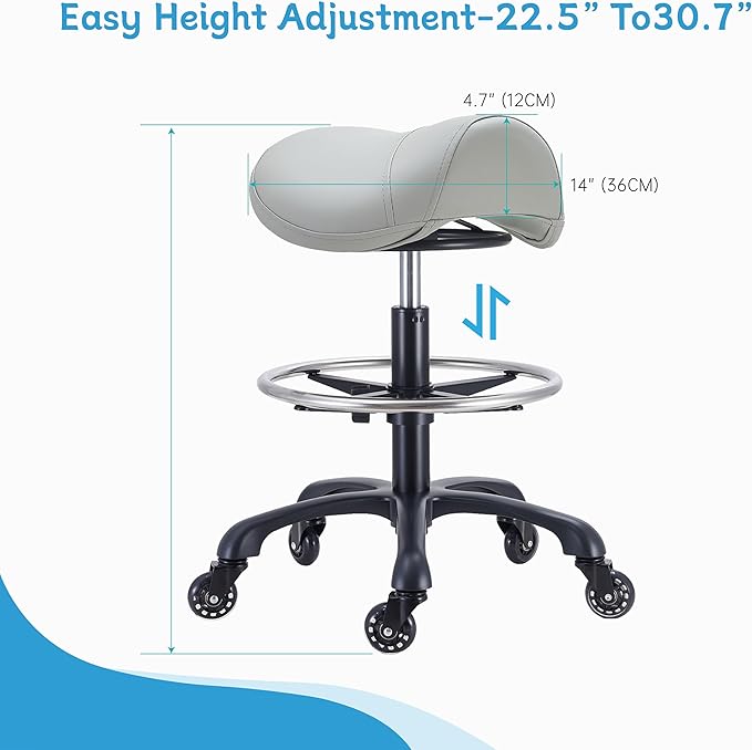 Saddle Salon Stool with Footrest,Heavy Duty, Adjustable Height, Rolling Esthetician Chair for Tattoo Spa Medical Dentist Clinic(Gray)