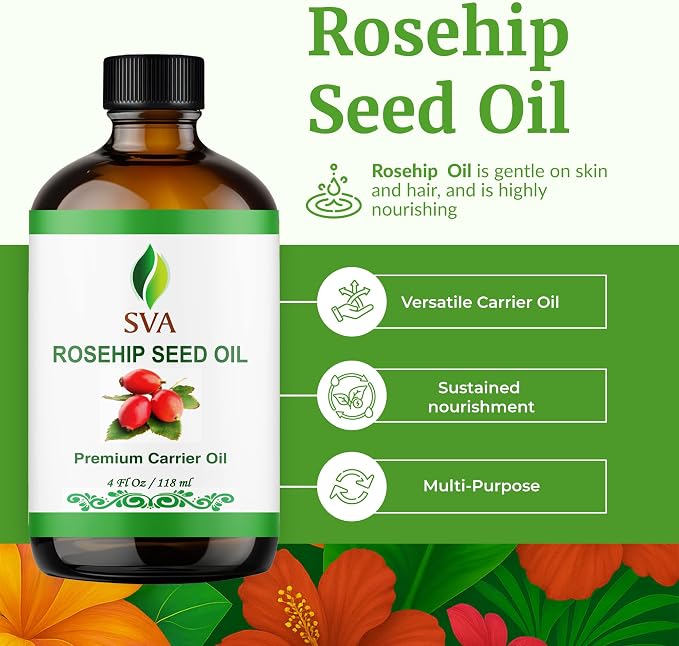 SVA Rosehip Seed Oil 4 Fl Oz - for Face, Skin Care, Hair Care, Scalp Massage & Body Massage – Carrier Oil with Dropper