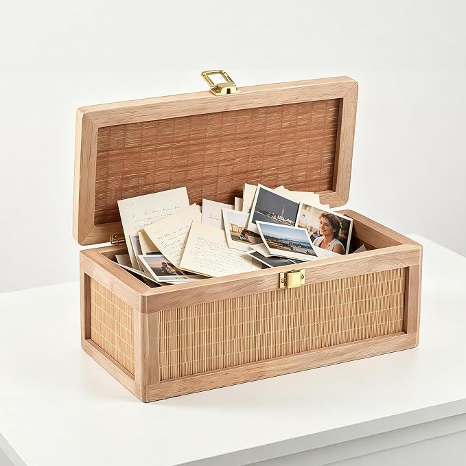 Memory Box, Unique Bamboo Keepsake Boxes with Hinged Lids, Boho Wedding Keepsake Box, Decorative Box with Lid for Crafts, trinkets and Photo Storage