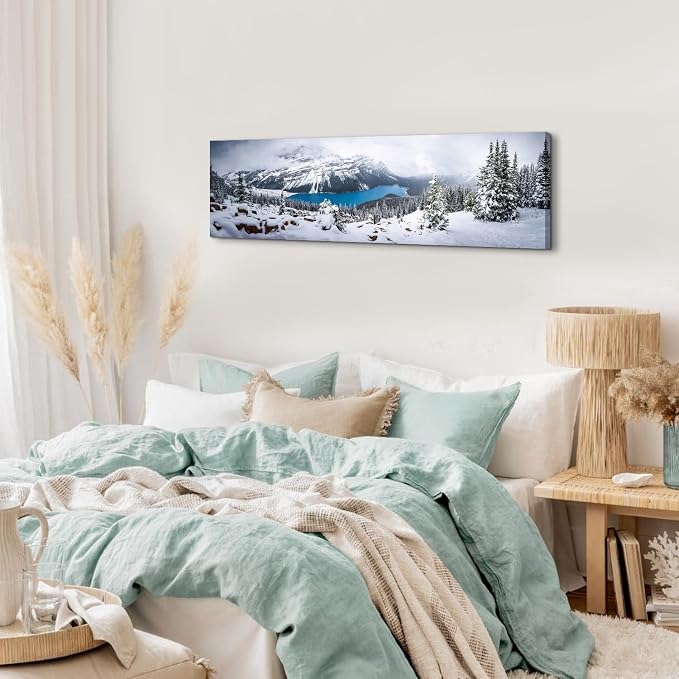 Snow Mountain Canvas Wall Art White Clouds Misty Forest Landscape Prints Picture Wall Decor Winter Tree Blue Lake Scenery Photography Painting Artwork for Living Room Bedroom Office Decoration 14x48"