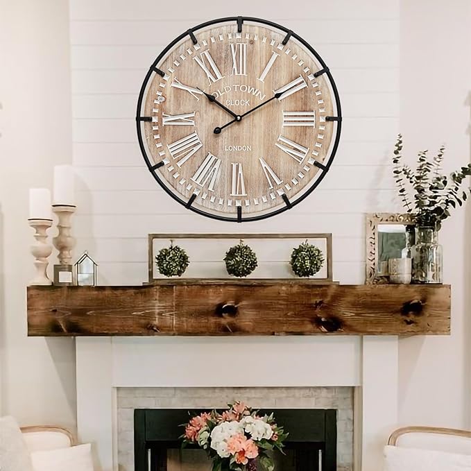 EMAX HOME 20 Inch Large Farmhouse Wall Clock, Rustic Antique Wood with Metal Circle and Large Engraved Numerals, Silent Battery Operated Wall Clock for Office Kitchen Bedroom Living Room