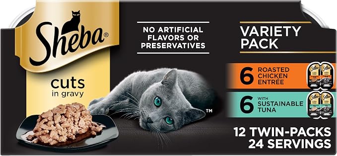 Sheba Perfect Portions Cuts Wet Cat Food, Chicken & Tuna, 2.6 oz, 12 ct | Grain-free, Chicken & Tuna in gravy, no corn or soy, no fillers, snap-peel-serve twin-pack trays, zero messy leftovers