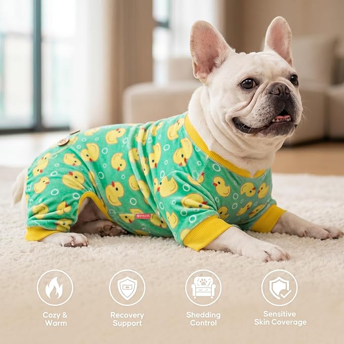 KYEESE Velvet Dog Pajamas for Small Dogs Soft Onesie Shirt, Yellow Duck | 4-Way Stretch, Lightweight & Breathable, Reduces Shedding, Gentle on Sensitive Skin, Recovery Support, Easy Potty Breaks