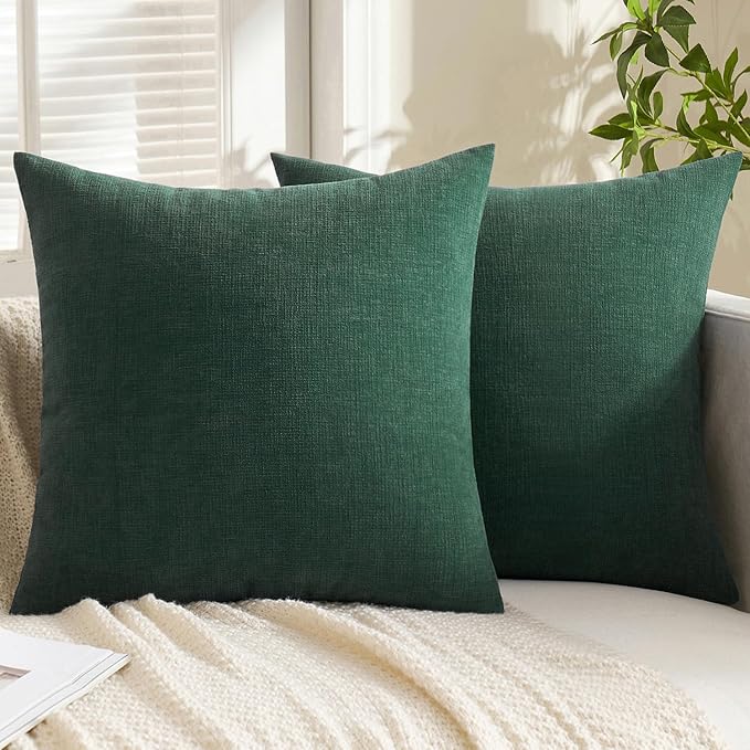 MIULEE Dark Green Chenille Couch Euro Throw Pillow Covers, 22x22 | Set of 2, Soft Modern Farmhouse Style, Decorative Pillowcases for Sofa Living Room Bed, Home Decor