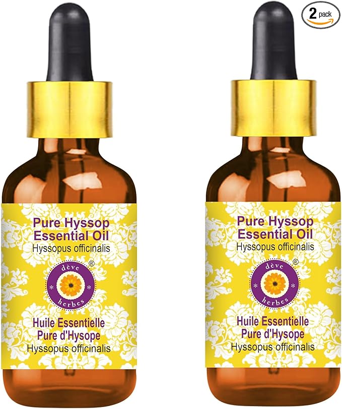 Deve Herbes Pure Hyssop Essential Oil (Hyssopus officinalis) with Glass Dropper Steam Distilled (Pack of Two) 100ml X 2 (6.76 oz)