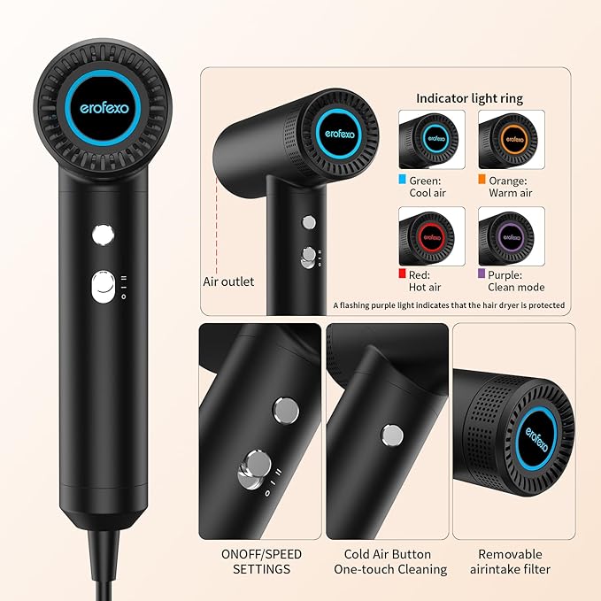 Erofexo Professional High Speed Ionic Hair Dryer | Ultra-Fast Drying | Low Noise | 110000 RPM |Metal Body |Household Travel| Compact Blow Dryer with Magnetic Diffuser for Faster Drying All Hair Types