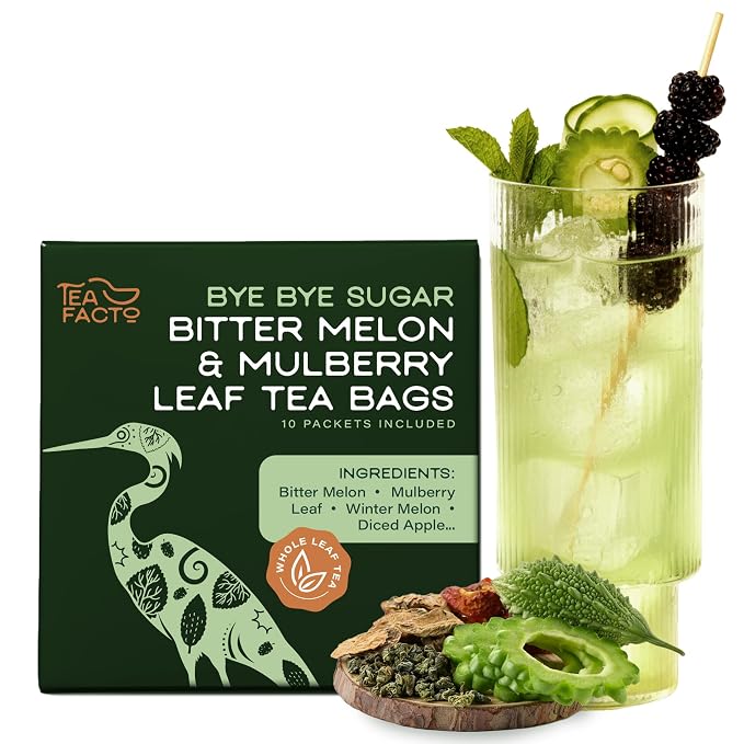 Tea Facto Bye Bye Sugar* Bitter Melon Tea Bags Individually Wrapped - Bitter Gourd and Mulberry Leaf Tea Herbal Blend - Premium Uncaffeinated Botanical Teas for Healthy, Balanced Routine - 10 Count