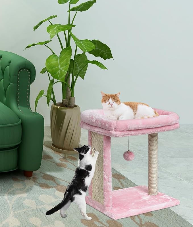 SYANDLVY Small Pink Cat Tree for Indoor Cats, Scratching Board with Perch | Kittens Scratcher with 2 Dangling Balls & Post