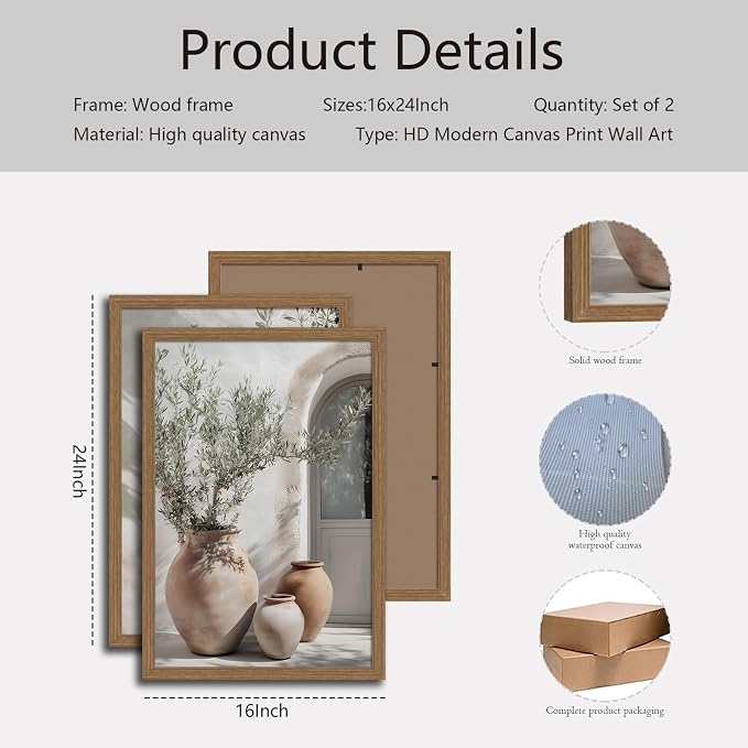 Mediterranean Wall Art Set of 2, Olive Tree & Pottery Framed Prints | Neutral Botanical Mediterranean Painting, Framed Picture Wall Decor for Living Room Bedroom Office 16x24 Inch
