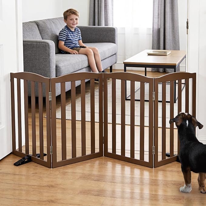 ZJSF Foldable Freestanding Indoor Dog Gate for House Wood Long Pet Gates Dog Fence for Stairs Puppy Gates for Hallways, Puppy Gate,Support Feet Included, Brown, 24 "Height-4 Panels