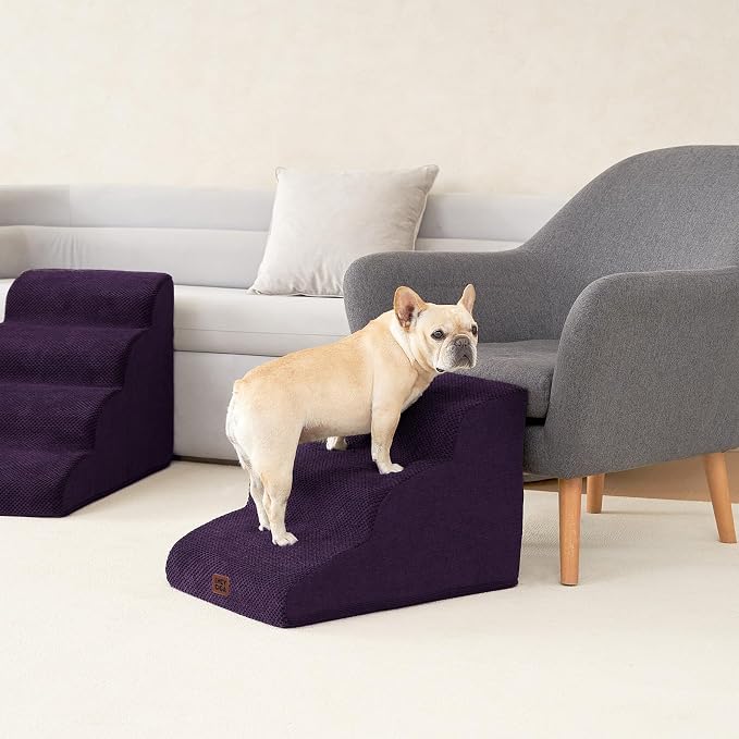 EHEYCIGA Curved Dog Stairs Ramp, 3-Step Dog Steps, 15.7" H Pet Step | 33D density of pure foam, for Small Dogs and Cats, Pet Stairs for High Bed Climbing, Non-Slip Balanced Indoor, Purple