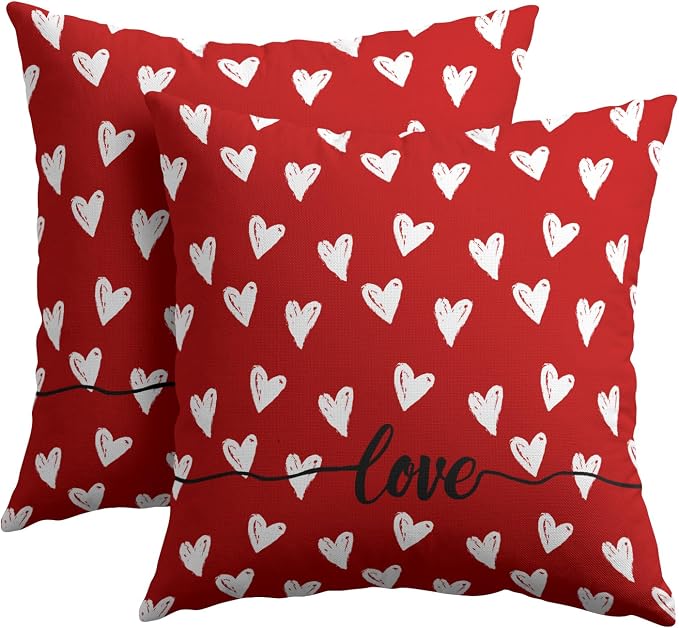 Kawani Valentine's Day Throw Pillow Covers 20x20 Inch Set of 2 Romantic Love Hearts Red Decorative Pillow Cases Cotton Linen Cushion Cover for Home Sofa Couch Wedding Anniversary Decor