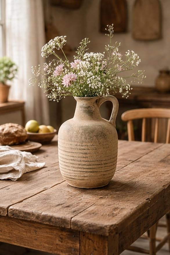 SIDUCAL Rustic Ceramic Farmhouse Flower Vase with 1 Handle-Height 8.43" Terracotta Vase, Unique Textured Pottery Flower Vases for Home Decor, Table, Wedding, Living Room, Shelf Decor, Terra