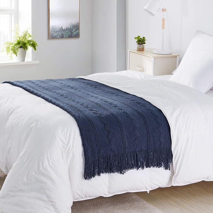BOURINA Navy Throw Blanket 50x90 Inch Boho Knitted Soft Throw Sofa Blanket | Knitted Throw Blanket 50x90 Inches, Soft Lightweight Boho Weave Throw Decorative Couch Blanket for Living Room Bed Runner