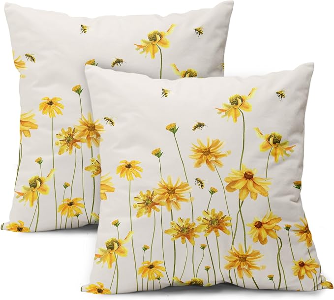 Spring Summer Throw Pillow Covers 20X20 Inches Set of 2 Yellow Flowers Coreopsis Bee Decorative Pillow Cases Bees Floral Pillow Cover Farmhouse Home Decor for Outdoor Room Couch Patio Porch