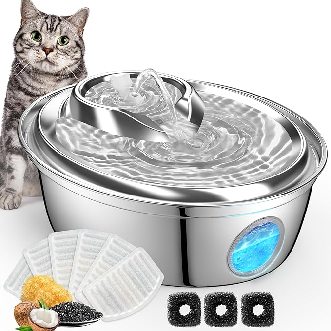 ORSDA Stainless Steel Cat Water Fountain, Automatic Pet Drinking Fountain, 67oz/2L Dog Pet Water Dispenser with Visual Water Level Window for Cats and Small Dogs- 6 Filters +3 Pump Sponges (D36)