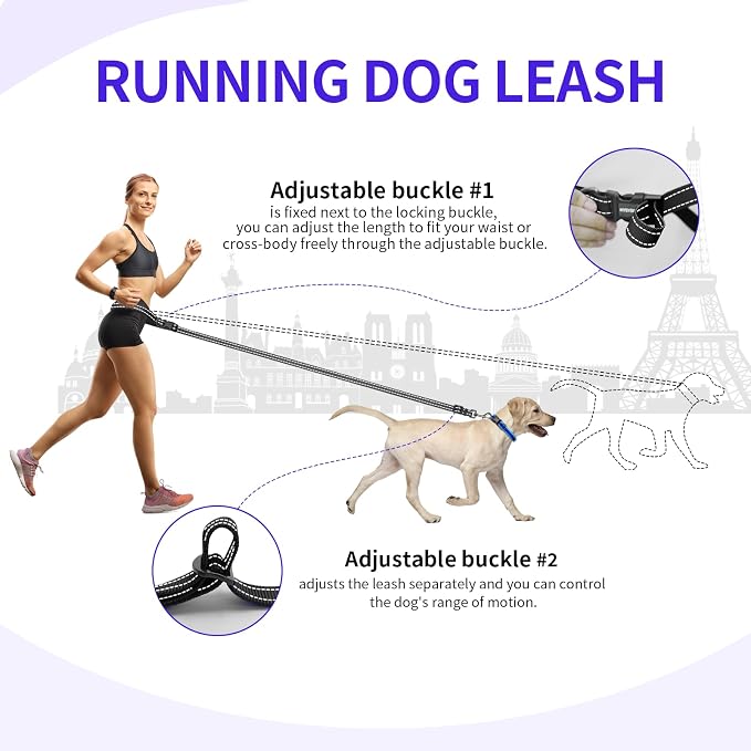 Kazazoo Hands-Free Dog Leash Adjustable Length 5-8Ft,Crossbody & Waist for Dog Walking, Running for Small Dogs with Reflective Strips, Ballistic Nylon, Waist Belt, Lightweight Black