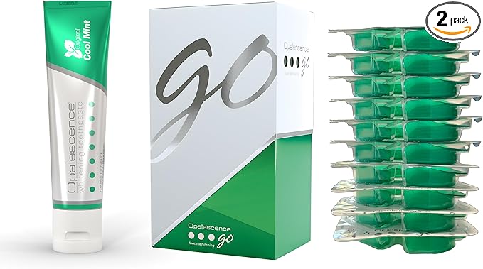 Opalescence Go 10% Whitening Bundle - (10 Treatments) Hydrogen Peroxide 10% Prefilled Whitening Trays and Whitening Toothpaste - Made by Ultradent Products. Teeth Whitening Kit -Mint- 5194-5166